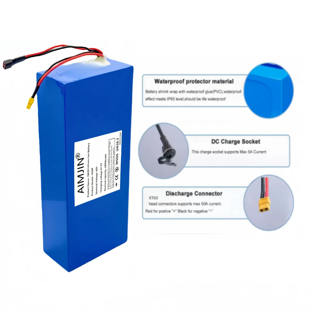 16S6P 60V 18Ah 18650 Lithium Battery Pack 0-2000W High-power Built-in BMS Scooter Motorcycle Charging Battery Pack