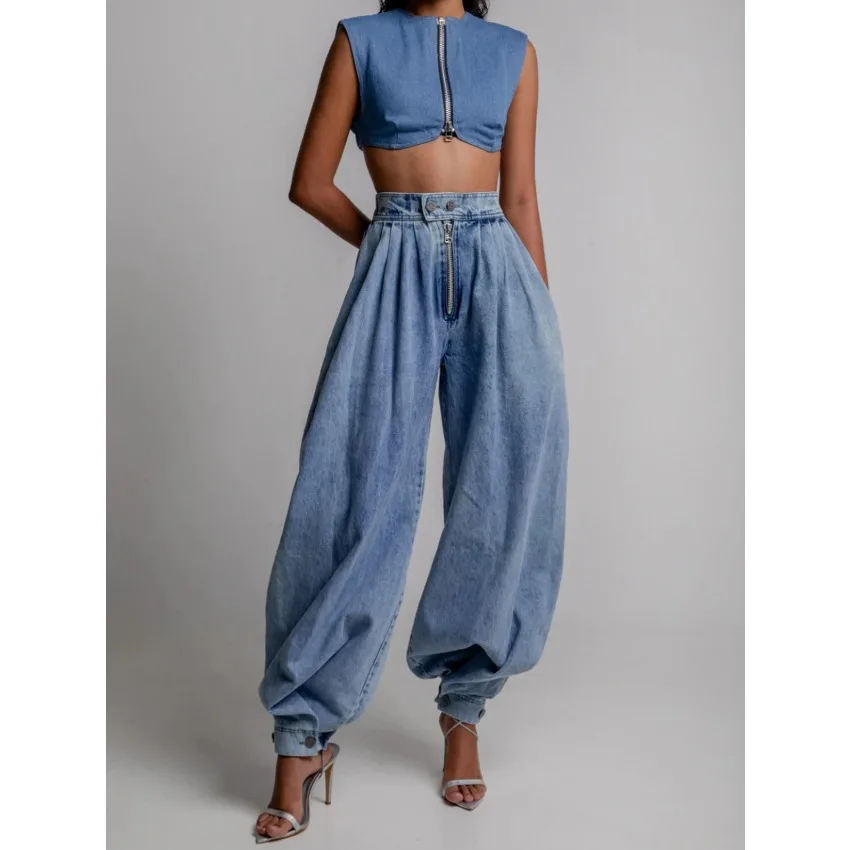 Celana Jeans Harem Wanita Pinggang Tinggi Ritsleting Denim Longgar Celana Wanita Vintage Balon Celana Kasual Wanita Celana Denim