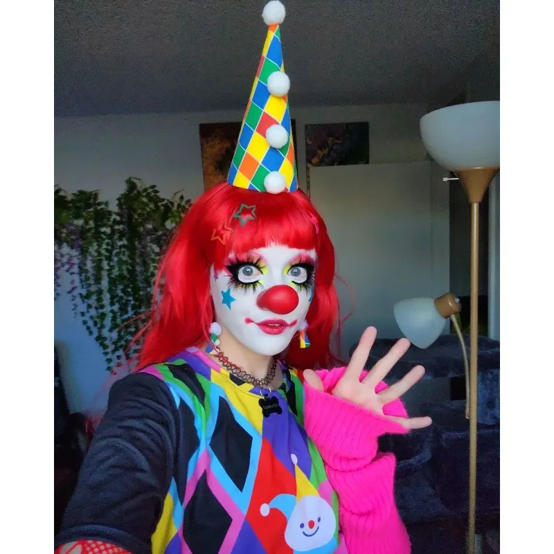 Colorful Diamond Shaped Clown with Double-sided Printed Short Sleeved T-shirt Decora Spicy Girl Halloween Cosplay Top