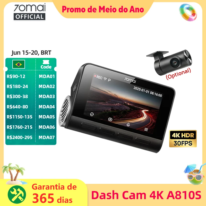 Câmera Veicular 70mai A810S Frontal 4K Traseira 1080P com Suporte para Módulo 4G, GPS e ADAS, Visão Noturna, Supercapacitor, DVR Automotivo 70mai A810S