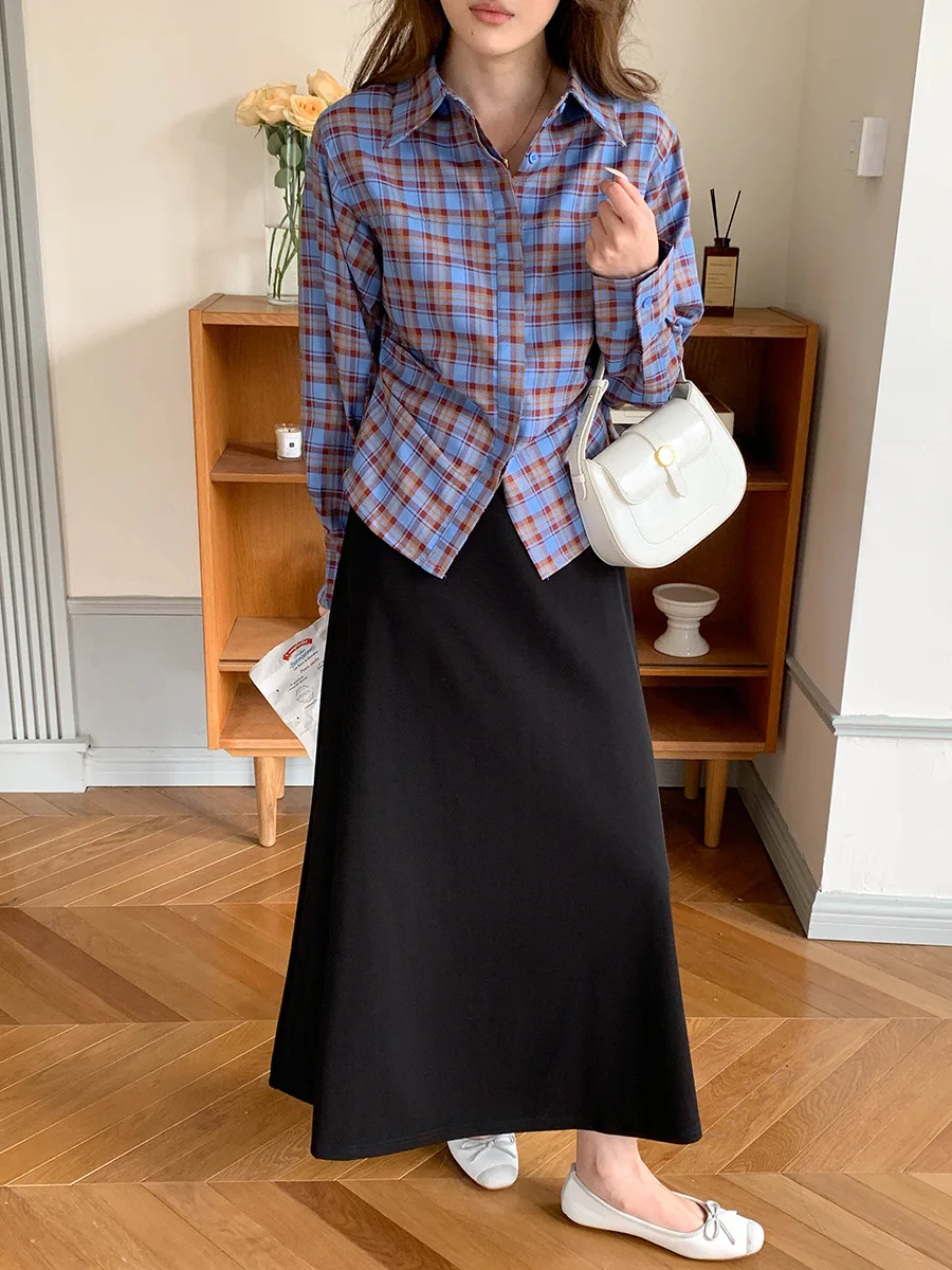 

Pleated Waist-Cinching Contrast Color Plaid Shirt Women High Waist Black Flowy Long Skirt For Daily Wear Office Outfit MU8X