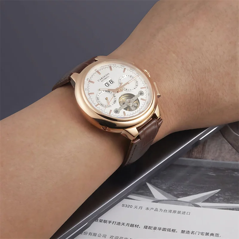 ด้านบนยี่ห้อ Mens Mechanical นาฬิกาสายหนังกันน้ําอัตโนมัติ Tourbillon นาฬิกาผู้ชายปฏิทินสัปดาห์นาฬิกา Relogio Masculino