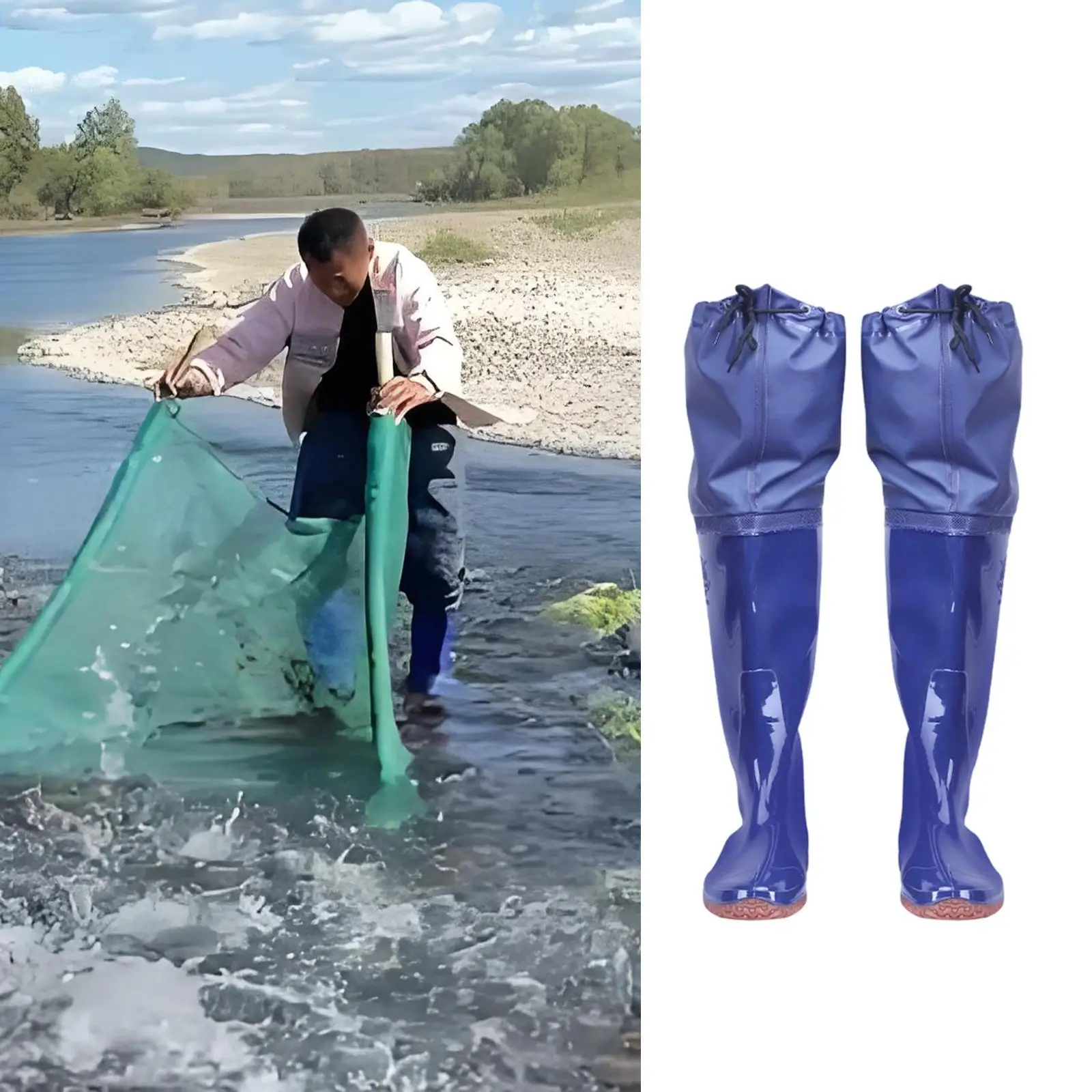 

Water Pants Cleated Sole Wader Boots PVC Knitted Fabric Waterproof Hip Waders Bootfoot Trousers for Fishing Farming Gardening