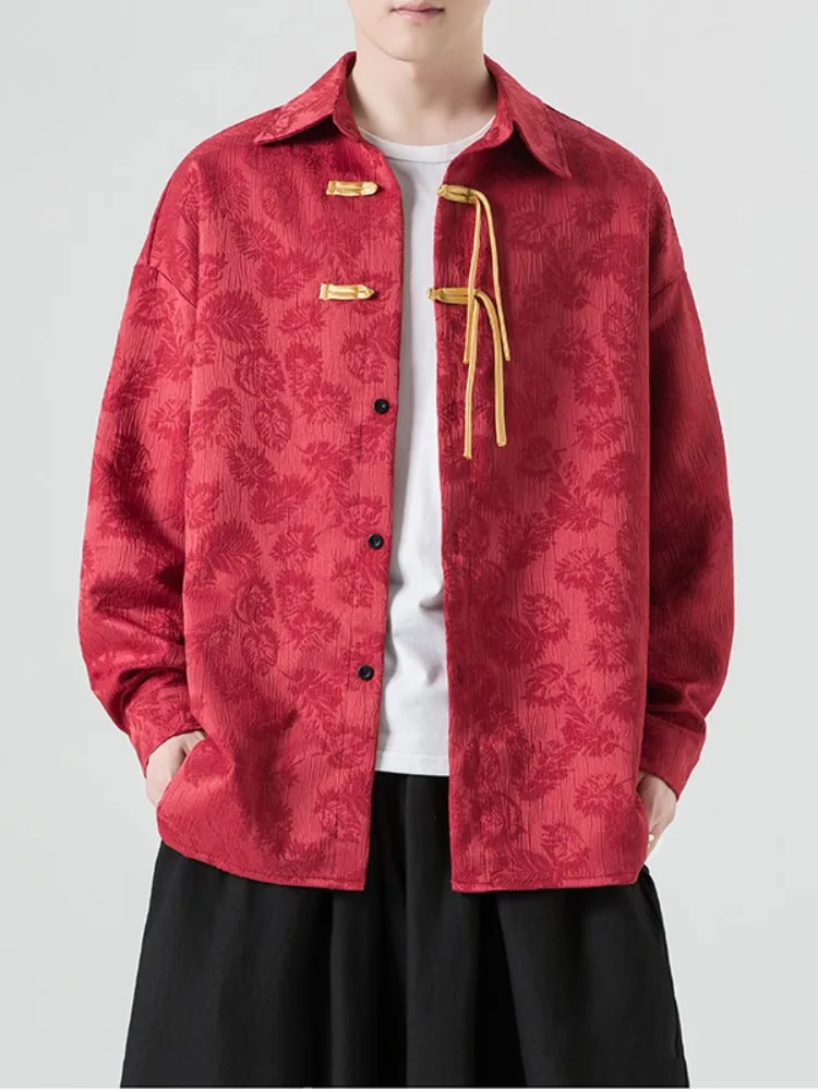 

Red Hanfu Sle Men's irt Jaet New Year's Clothing Loose Fit Long Sve Button down Polyester Fiber No Ironing Required