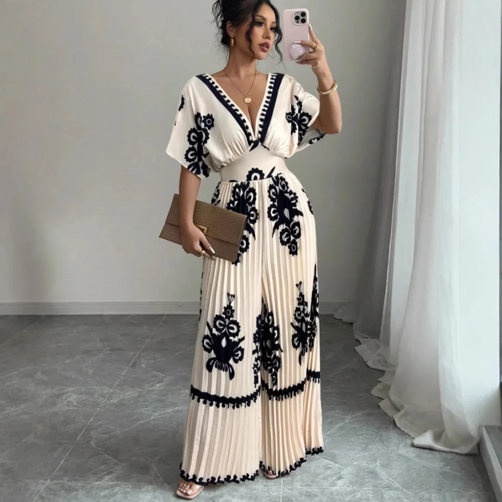 2025 cross-border foreign trade European and American summer new fashion casual printed loose short-sleeved long pants jumpsuit