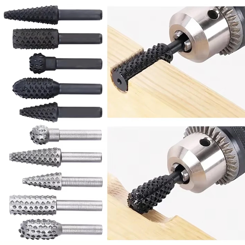 Juego de 5 brocas de 1/4 pulgadas, escofina de acero, vástago de rebaba rotativa, brocas de madera, potencia de molienda, cuchillo para carpintería, herramienta manual para tallar madera