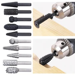 1/4'' 5pcs/Set Drill Bits Rasp Steel Rotary Burr Shank Wood Bits Grinding Power Woodworking Knife Wood CarvingHand Tool