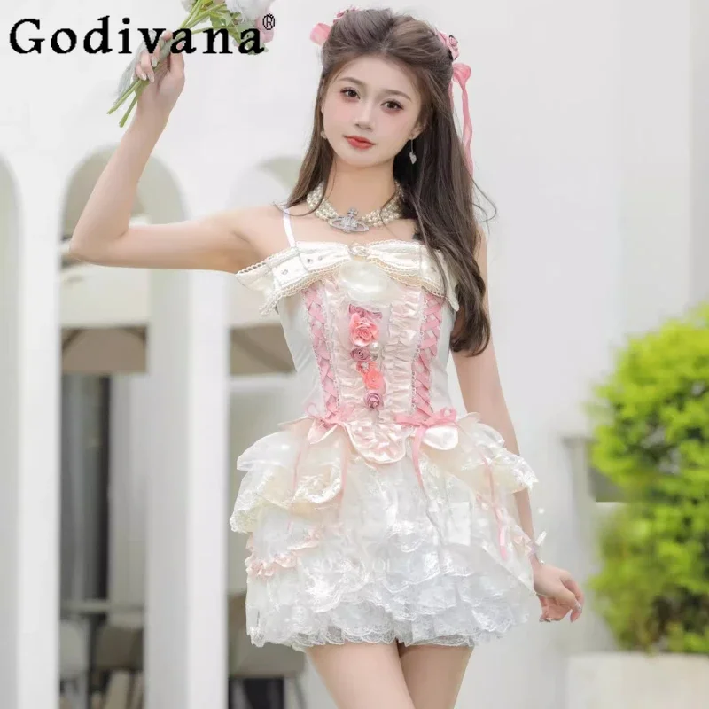 IMU Sweet Princess Lolita Short Tank Tops + Skirt Outfit Female Sweet Cute Bow Lace Fairy Fishbone Corset Skirt Two-piece Set Ne