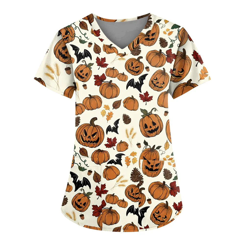 1PCS V-Neck Working Uniform for Women, Halloween Print Shirt, Nurse Uniform, Pumpkin Blouse, Pocket Workwear, Plus Size 2025