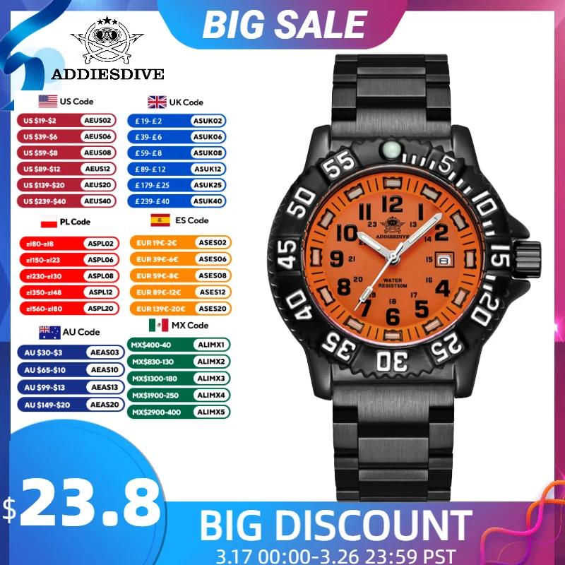 ADDIESDIVE 2023 New Fashion Men's Analog Watch 50m Waterproof Luminous tube nylon Sports  Men Wristwatches Quartz Watch for Men