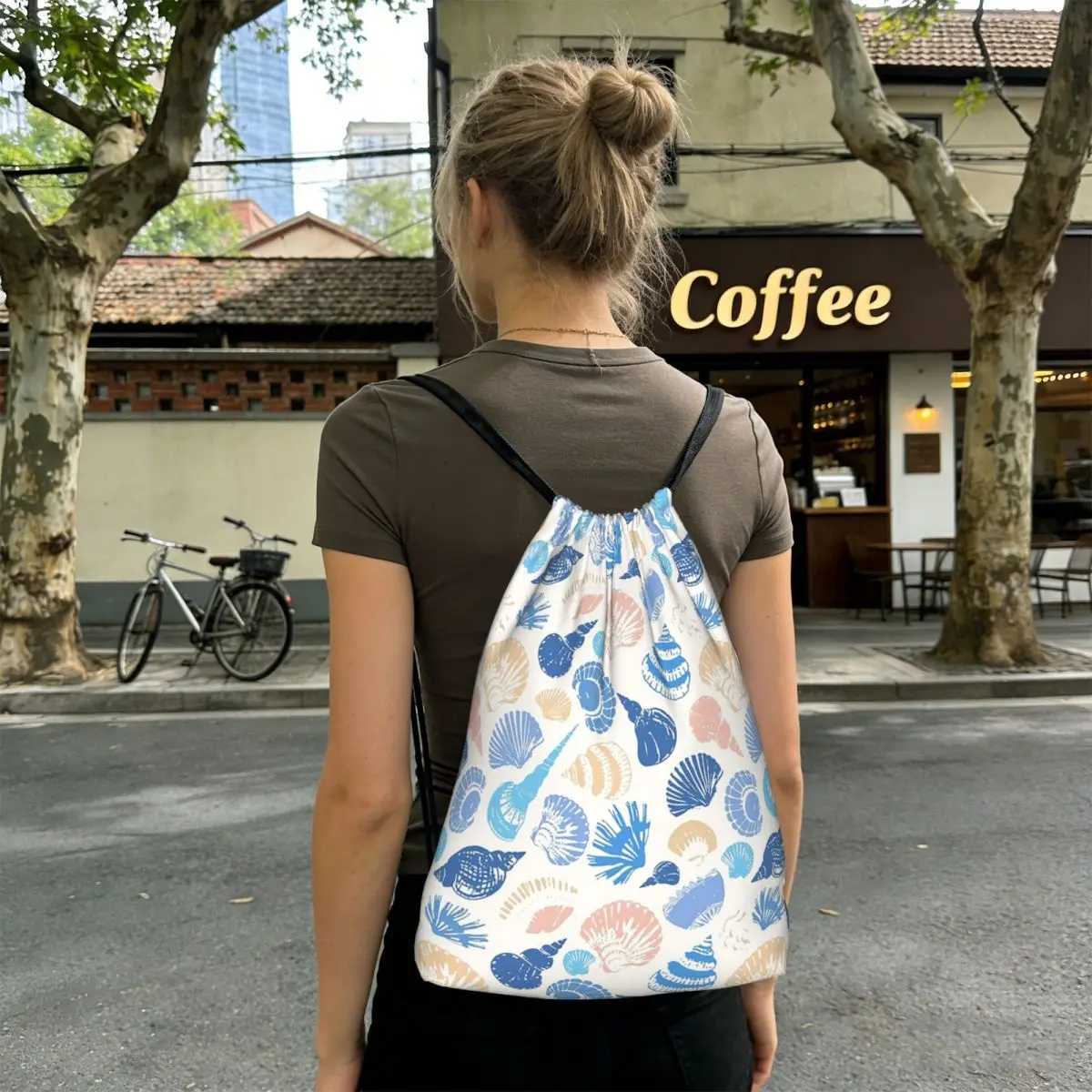 

Seaside Beach Shell Pattern Backpacks Multi-function Drawstring Bags Storage Bag Book Bags for Man Woman School