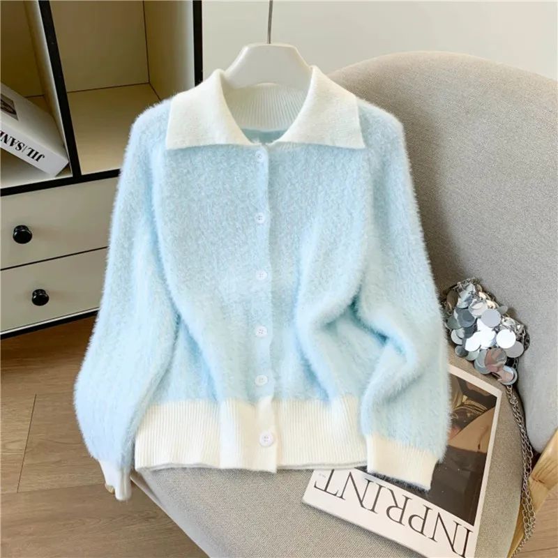 Autumn Women Korean Contrast Color Lapel Short Knit Cardigan Sweater Jacket Soft Pull Femme Single-Breasted Long Sleeve Knitwear