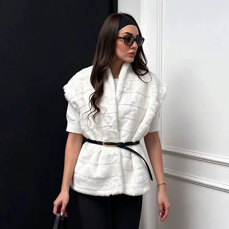 Women Faux Fur Vest Coats Jackets V Neck Sleeveless Coat Thick Warm Y2k Streetwear Jacket Elegant Work Outerwear Autumn Winter
