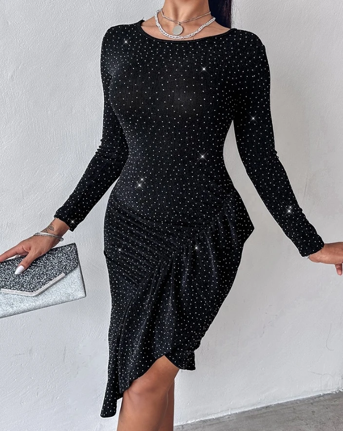 

2025 Autumn Winter Sexy Elegant Evening Party Dresses Polka Dot Pattern Long Sleeve Ruched Asymmetrical Hem Bodycon Dress