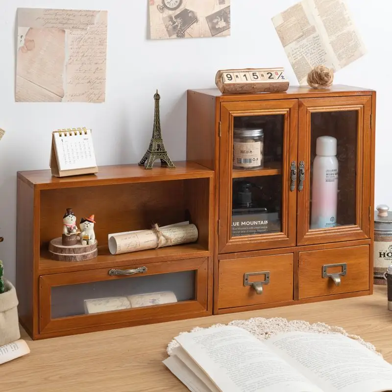 Dormitory desktop storage box, office desk cabinet, drawer style vintage cups, cosmetics storage rack, wooden table top