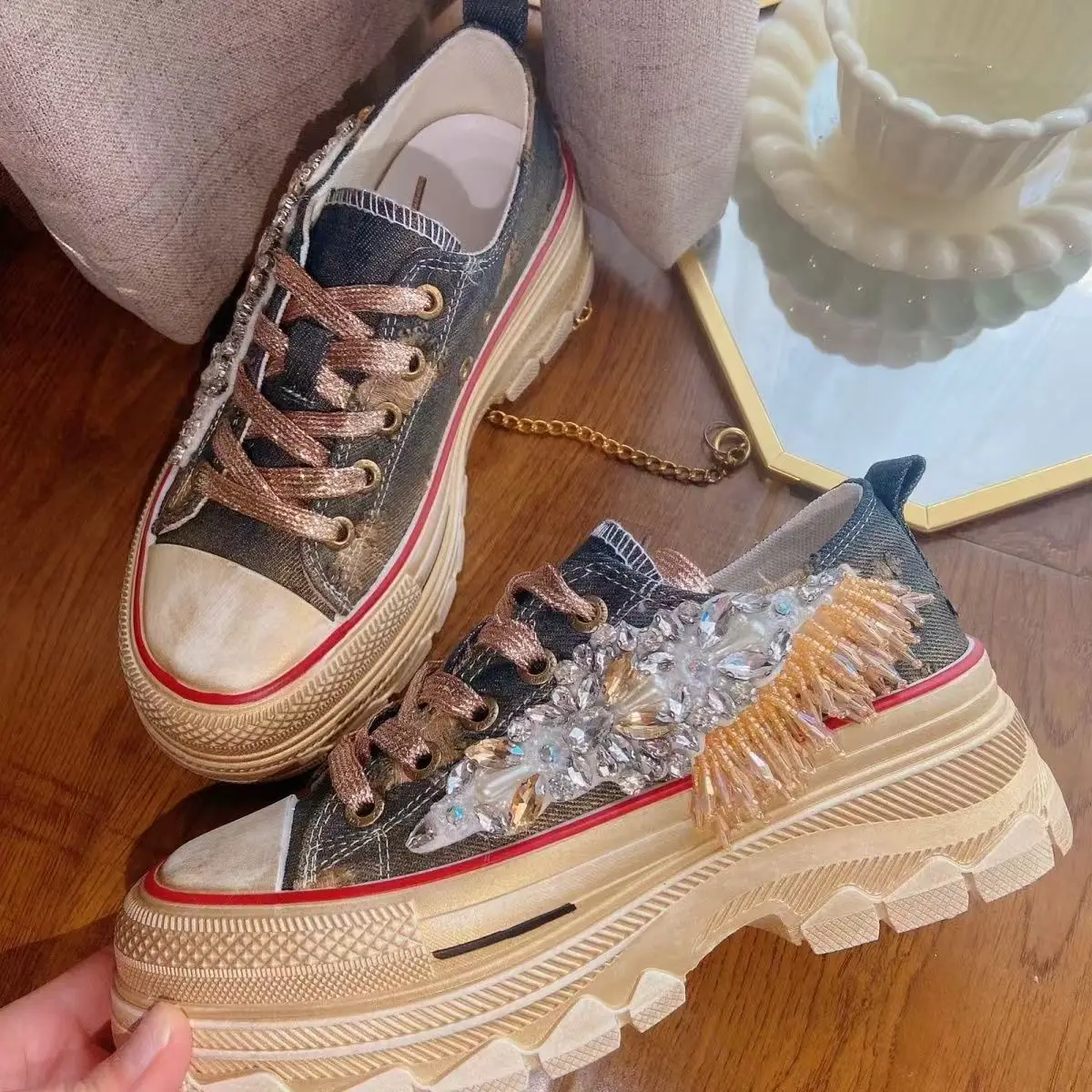 

Heavy beaded rhinestones fringe accessories Denim canvas shoes thick soles low top casual sports women's shoes 35-39