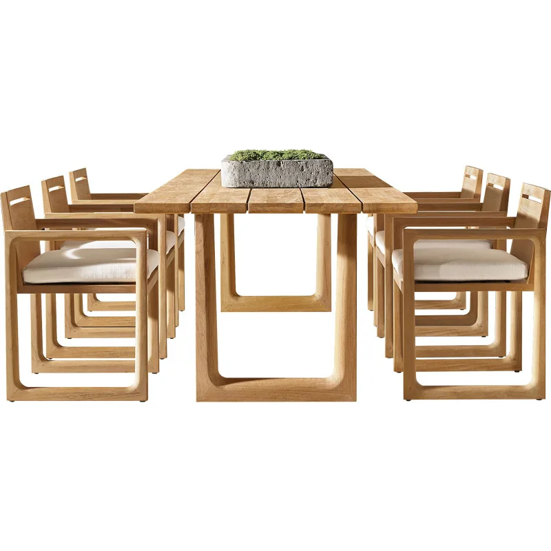 

Outdoor garden courtyard old solid wood long table outdoor open-air balcony waterproof sunscreen teak dining table and chairs