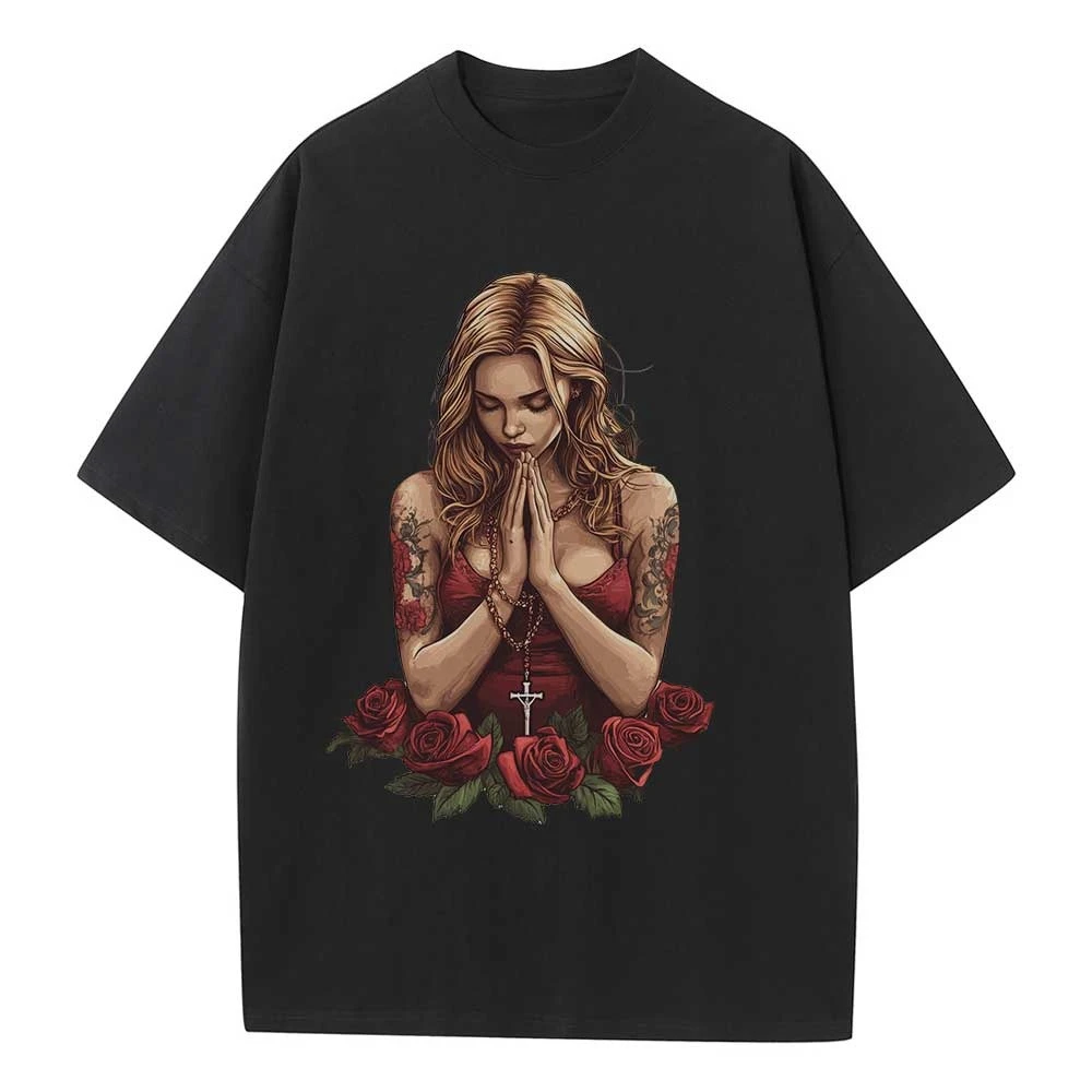 

2025 Cotton Baggy T Shirt Fallen Angel Rose Graphic Tees Dropped Shoulder Vintage Unisex Tops Oversize T Shirts Breathable Print