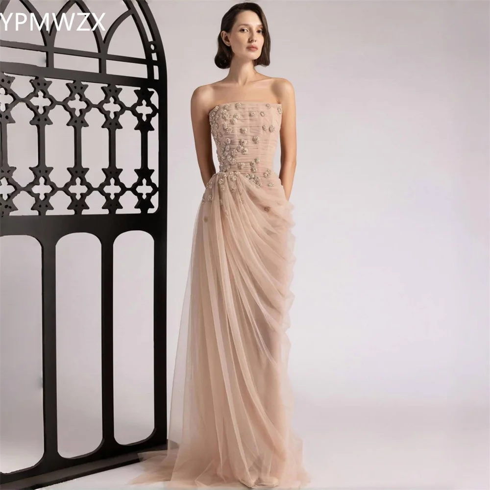 

Customized YPMWZX Strapless Column Floor length Skirts Fold Sleeveless Applique Bespoke Occasion Dresses