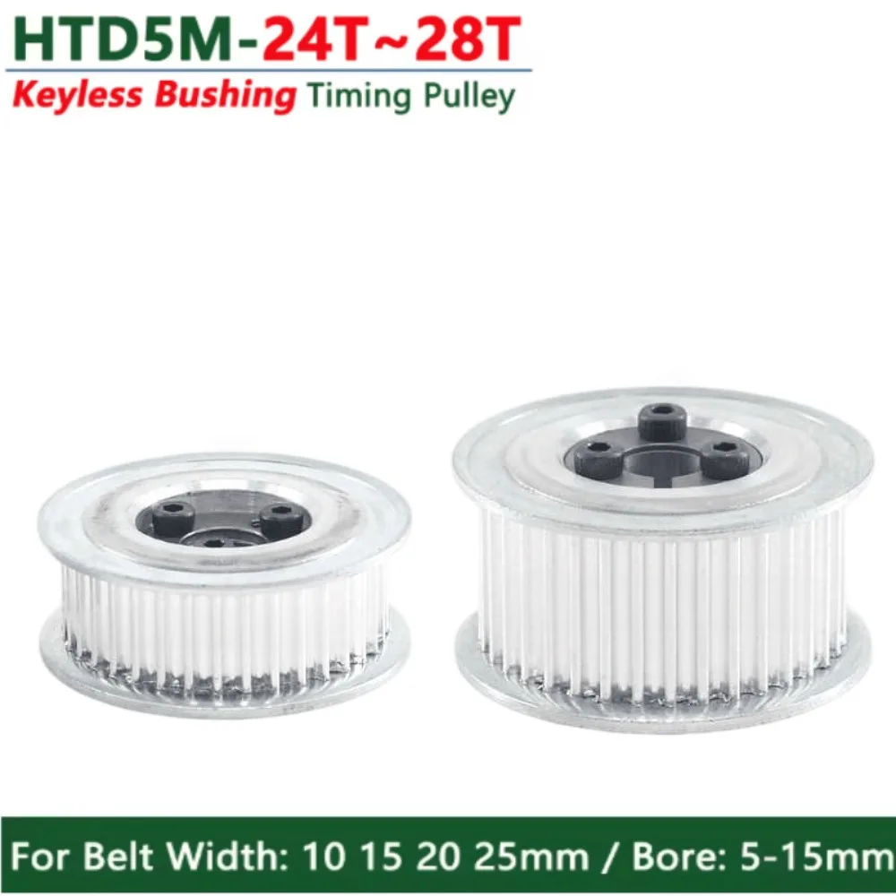 1Pc 26T 28T HTD 5M Toothed Pulley with Expansion Sleeve, Fits 10/15/20/25mm Timing Belt, Bore 5 to 15mm for CNC Machinery