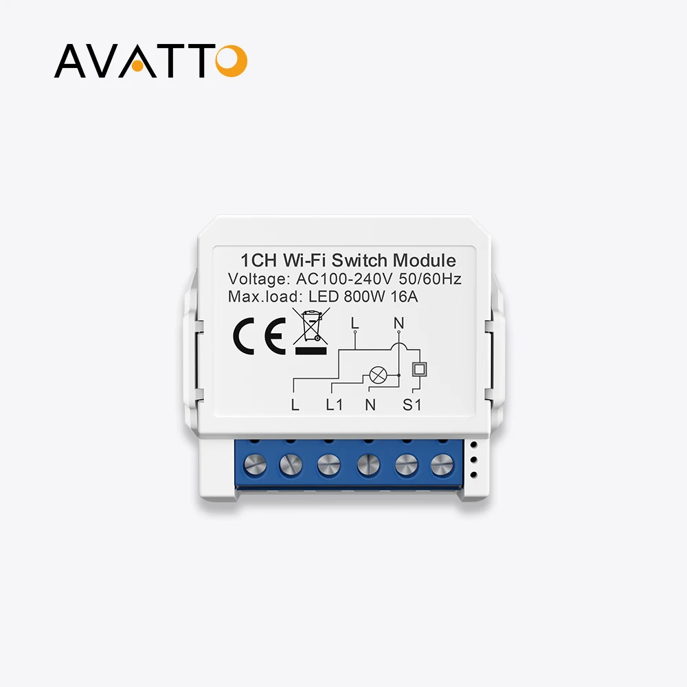 AVATTO Tuya Wifi Mini Smart Switch 16A DIY 2 Way Control 1/2/3/4 Gang Light Switch Module Works With Alexa Google Home Alice APP