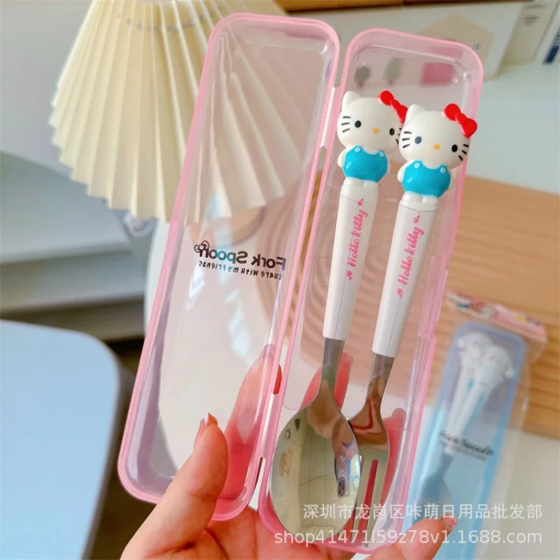 New Anime Sanrio Hello Kitty Kuromi Cinnamoroll Spoon Fork Kawaii Two-piece Tableware Set Portable Cute Dining Out Dining Spoon