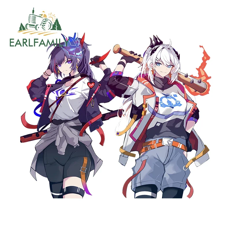 EARLFAMILY Multiple Girls Kiana Kaslana Decals Flame Wolf's Fangs Two Girls Decoration Waterproof Interesting Car Stickers