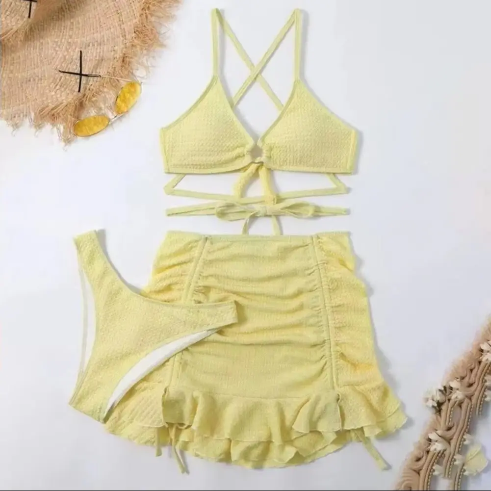 Women Swim Trunks Skirt Set Women Swimsuit Wave Texture Sexy Split Bikini with Drawstring Ruffle Trim Skirt Lace-up Beachwear