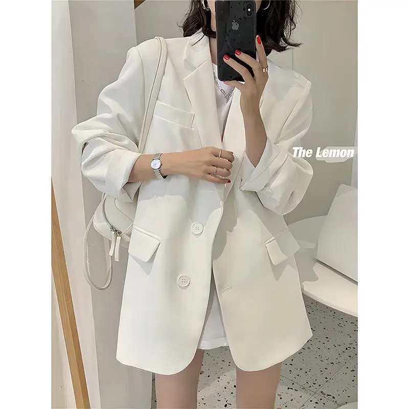 Primavera summerthin solto senhora do escritório elegante cor sólida blazers botão bolsos entalhados roupas femininas manga longa doce