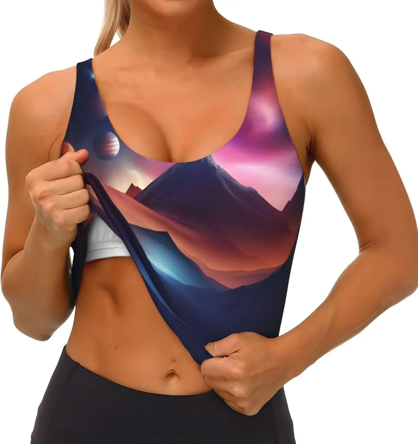 갤럭시 스페이스 아트 요가 운동 피트니스용 여성용 스포츠 조끼 인쇄 - 운동선수용 캐주얼 민소매, 블랙, 미디엄