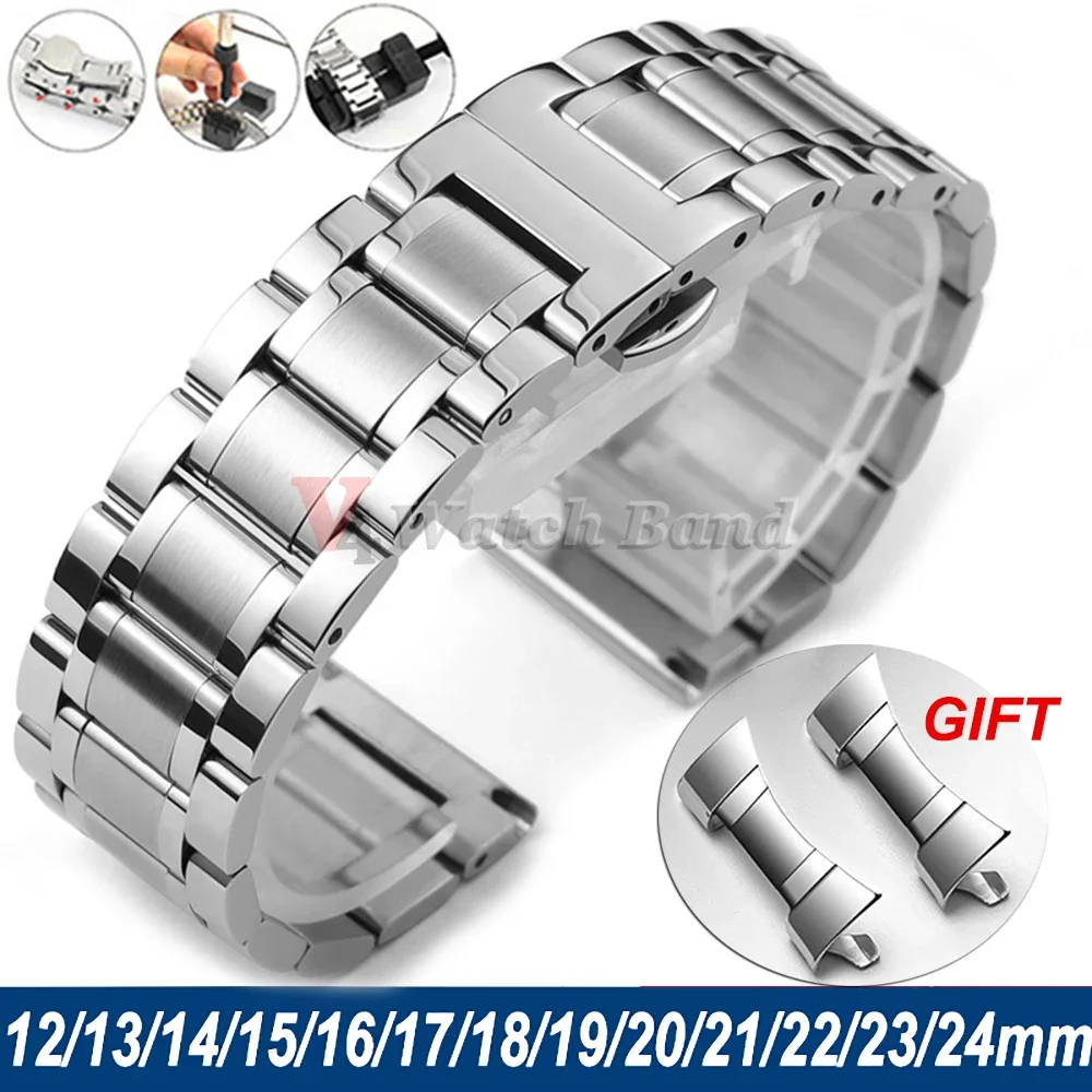 Cinturini per orologi con estremità curva cava 12/13/14/15/16/17/18/19/20/21/22/23/24mm Cinturino universale in acciaio inossidabile massiccio con fibbia a farfalla