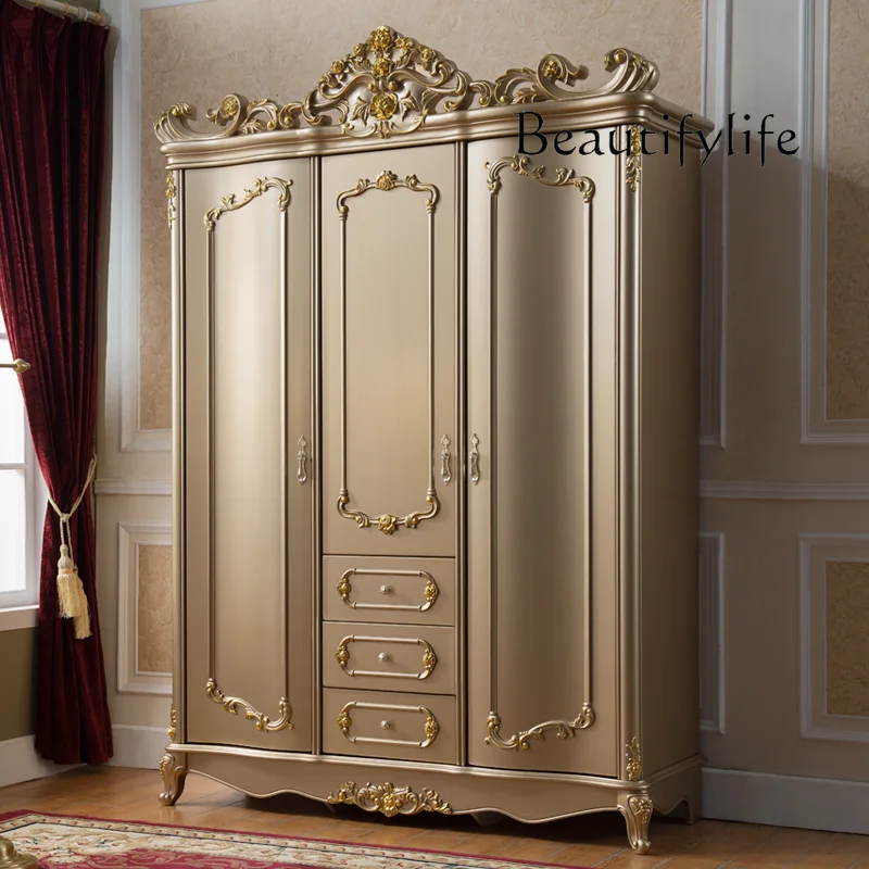 SM European-style Solid Wood Bedroom Three-door Locker Villa Luxury Carved Wardrobe