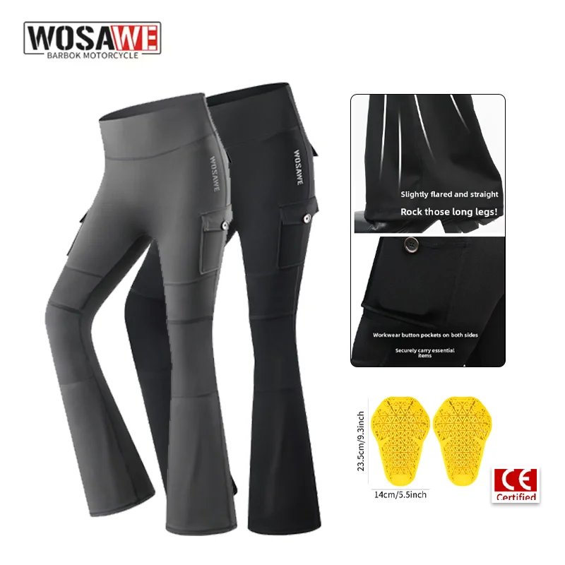 WOSAWE Women Motorcycle Riding Pants High Waist Flare Trousers with Removable Knee Pads Side Pocket Stretch Moto Biker Gear