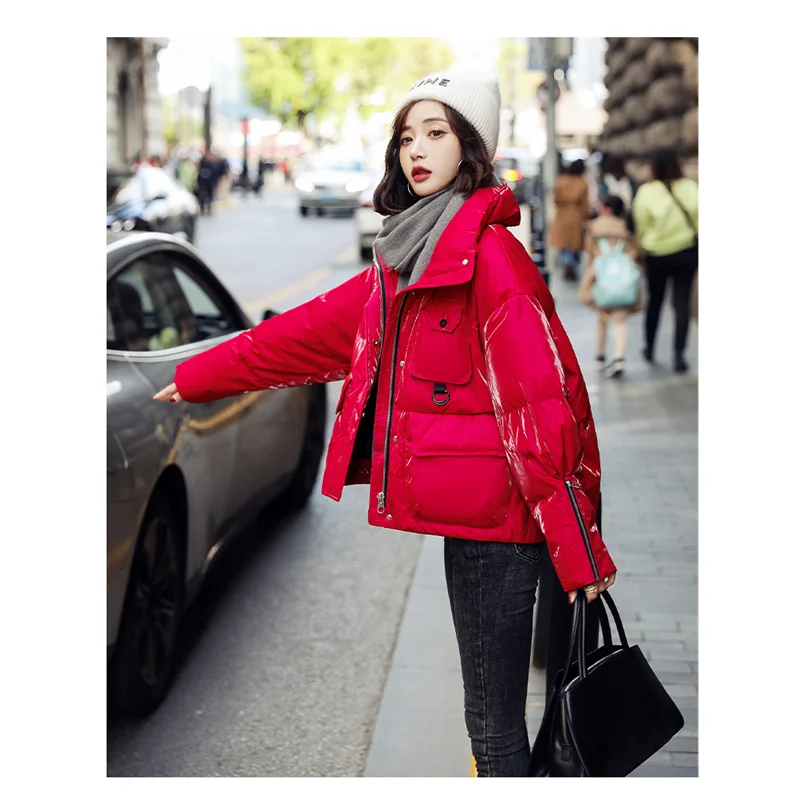 Winter Women's Rose Red Bright Color Simple Warm Loose FashionShow Thin Thick Jacket Casual Women's Down Jacket Comfortable Coat