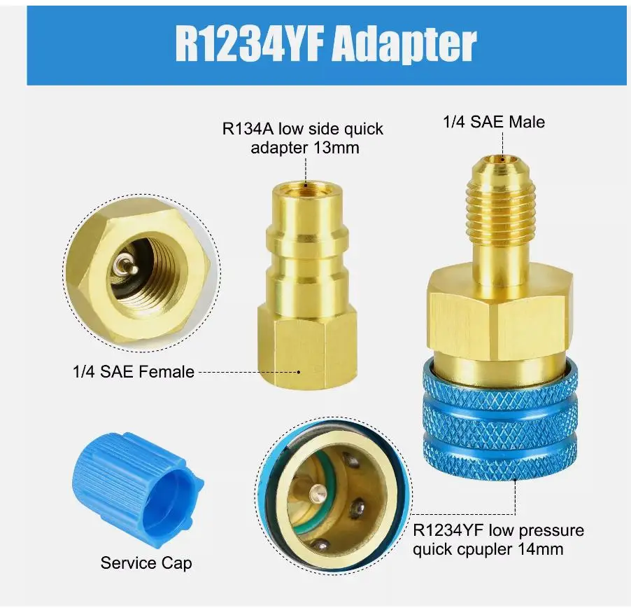 2 قطعة R1234YF إلى R134A طقم محوّل مكيف هواء للسيارات عالية/منخفضة الجانب تحويل موصل سريع محول مقرنة نحاسية