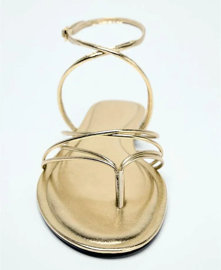 

Роскошные золотые сандалии на плоской подошве, женские летние сандалии-гладиаторы с узким ремешком и крестом, римские сандалии, удобная нескользящая пляжная обувь, шлепанцы