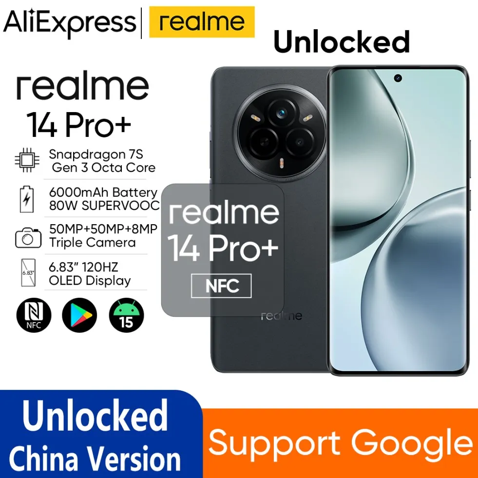 Unlocked realme 14 Pro Plus 5G NFC Snapdragon 7S Gen 3 Octa Core 6000mAh Battery 80W SUPERVOOC 50MP OIS Triple Camera Smartphone