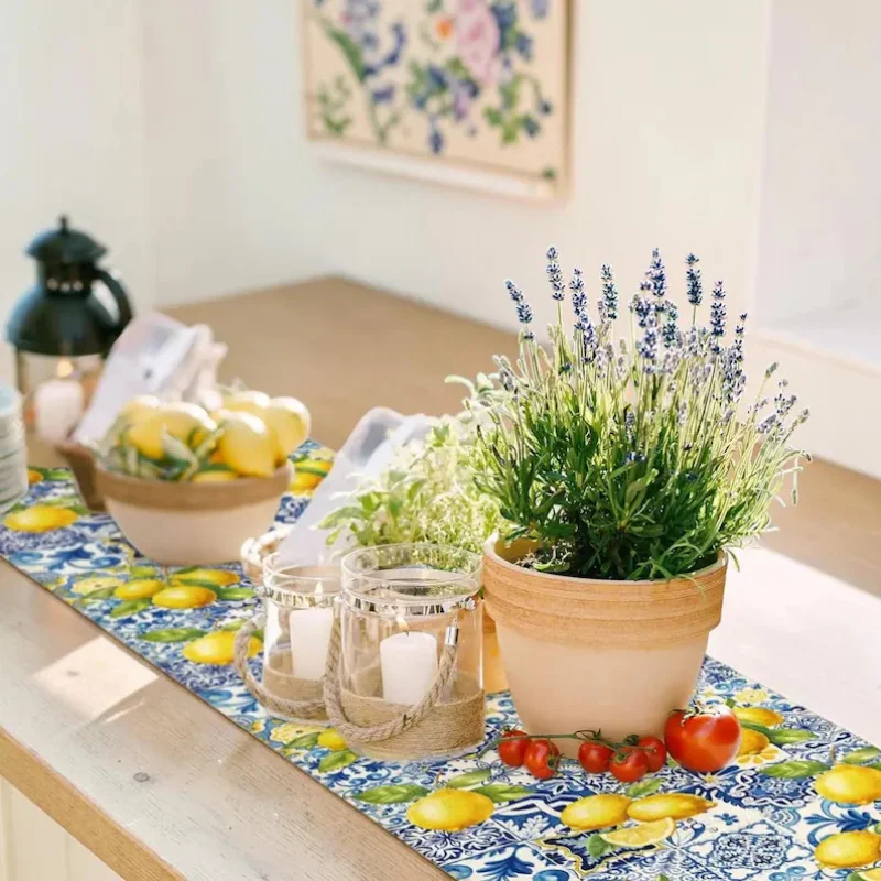 Chemin de table en lin motif citron, style rustique campagnard, pour décoration de table longue, mariage, fête, salle à manger, maison, plage, décoration chic