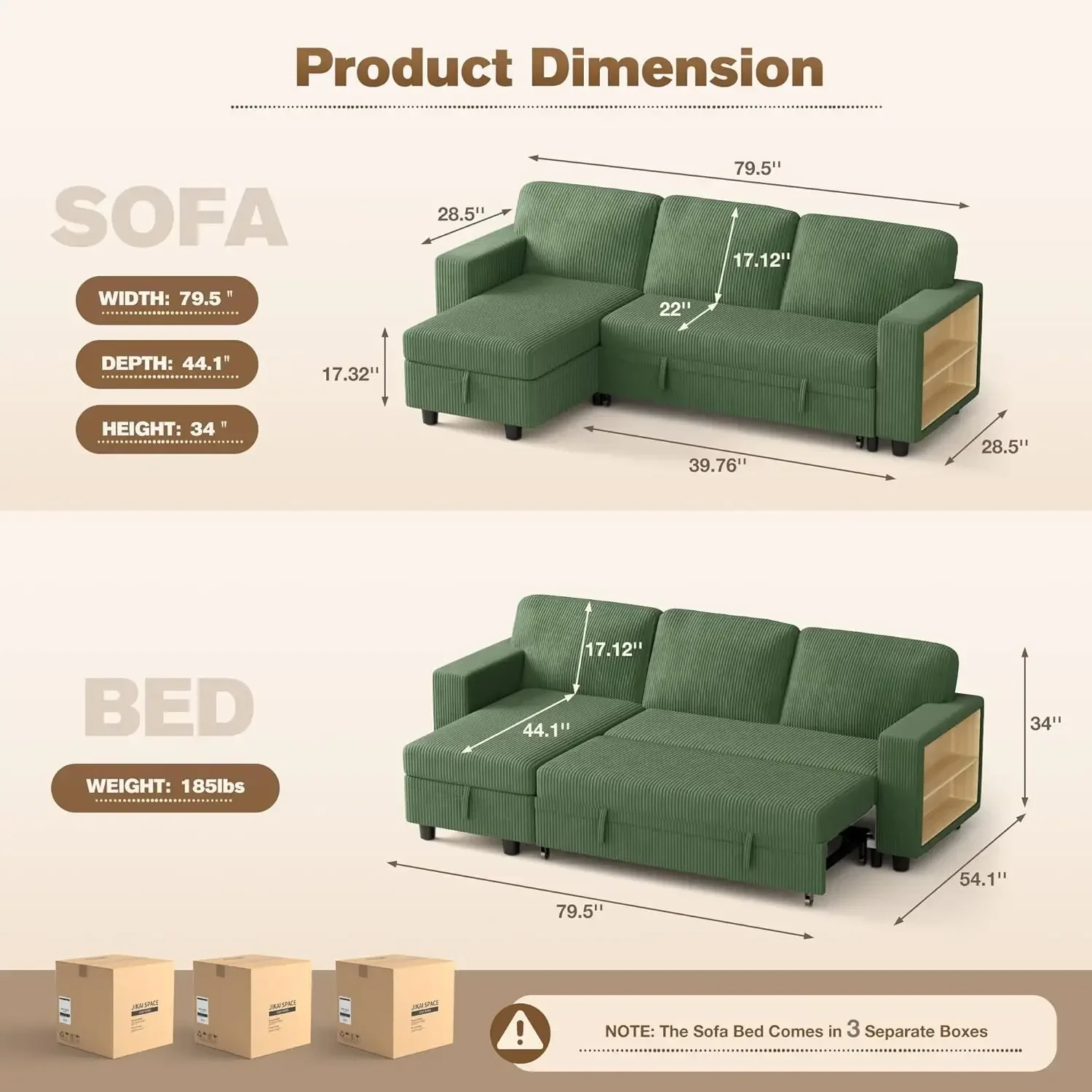 Convertible Sofa Bed With Pull-Out Sleeper, Living Room Couch With Built-In Storage Space, Green