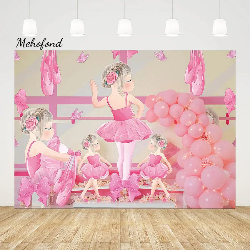 

Mehofond Girl Birthday Ballet Dancer Theme Pink Balloon Princess Newborn Backdrop Dress Show Time Photography Backgrounds Props