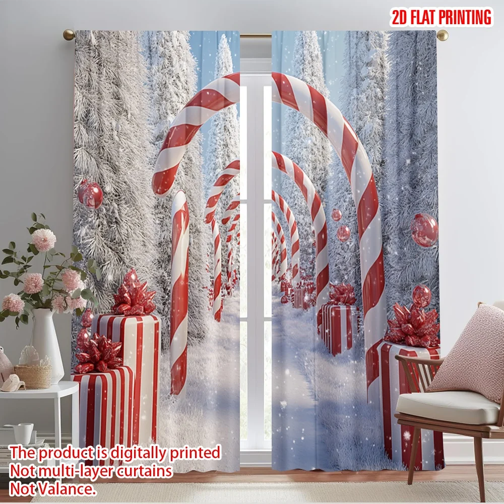 2pcs,2D plane printing Curtain Popular Candy Cane Arch Snow Winter (2) Polyester Fabric (without rod) Gifts Ldeal for Season