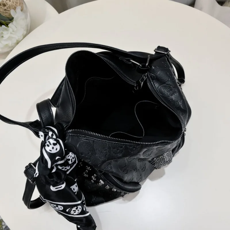 Y2k Aesthetic Trendy Casual Tote Bags Vintage All Match Women High-capacity Handbags Fashion Rivet Skull Shoulder Underarm Bag