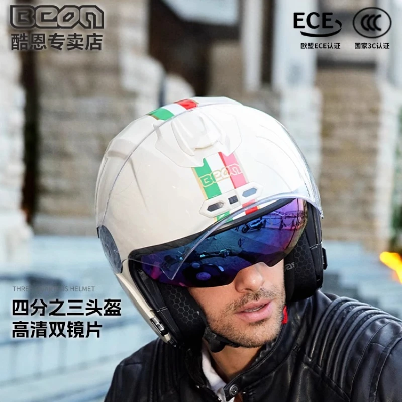 BEON B-203 Motorcycle Helmet Motorbike Riding Capacete Double Sun Visors Sunscreen Casco 3/4 Retro Helmet Men Women
