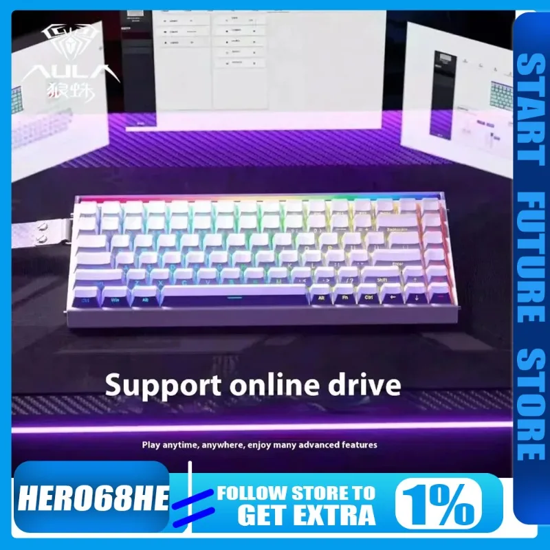 

Aula Hero84 He Магнитная клавиатура 84 клавиши Rgb с возможностью горячей замены 8000 Гц Киберспорт Механическая эргономика Проводная игровая клавиатура на заказ Новый подарок