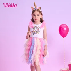 VIKITA Girls Unicorn Cartoon Print Dresses Kids Sleeveless Summer Dress Girls Colorful Mesh Tulle Layered Tutu Princess Dresses