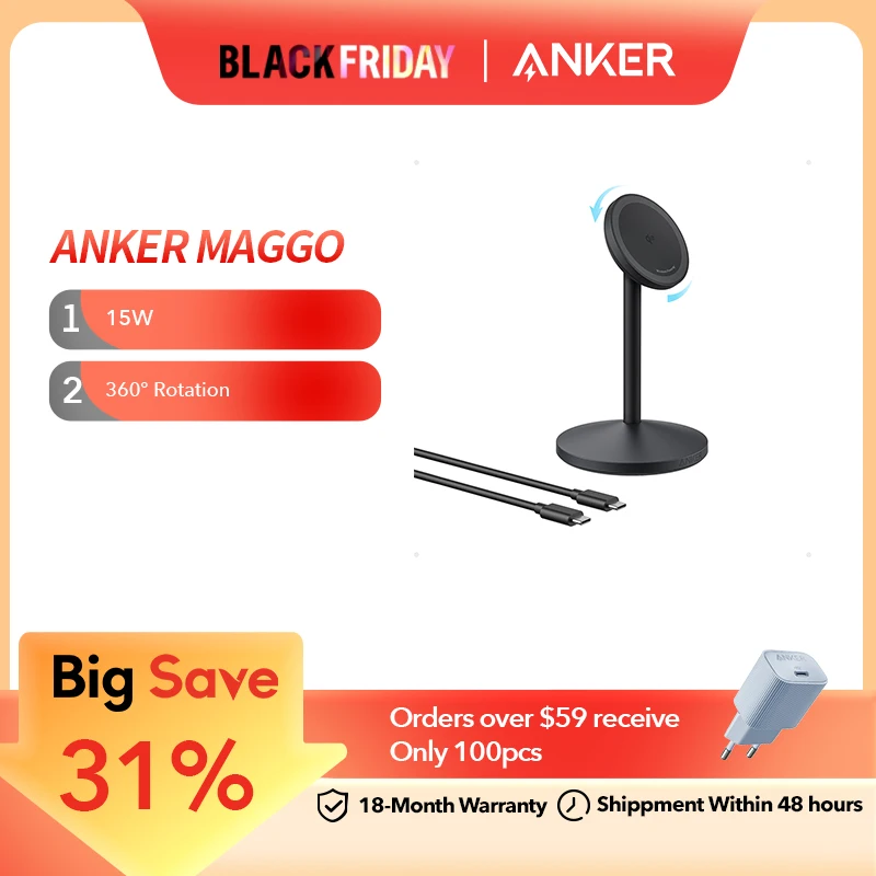 Anker MagGo Wireless Charger, 15W Fast Charging MagSafe Charger Compatible Wireless Charger Stand with USB-C Cable, Qi2 Wireless