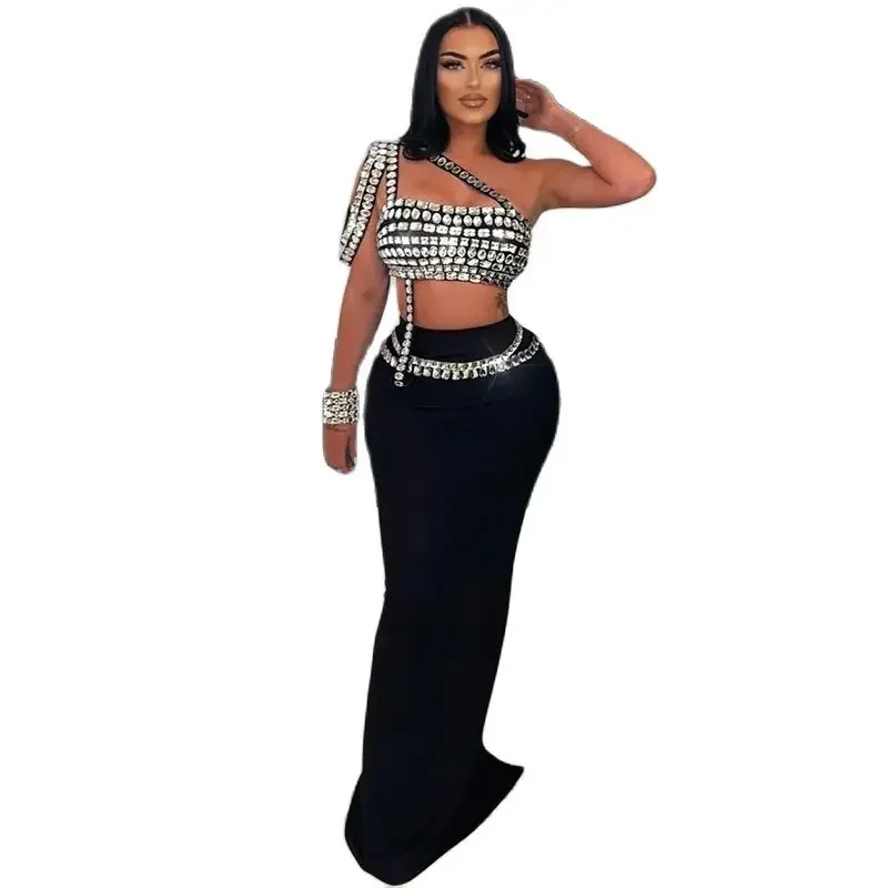 

Women Diamante Decoration Slanted Straps Sleeveless Short Tops Two Piece Sets Wrap Hip Fishtail Floor-length Skirt Female Suits