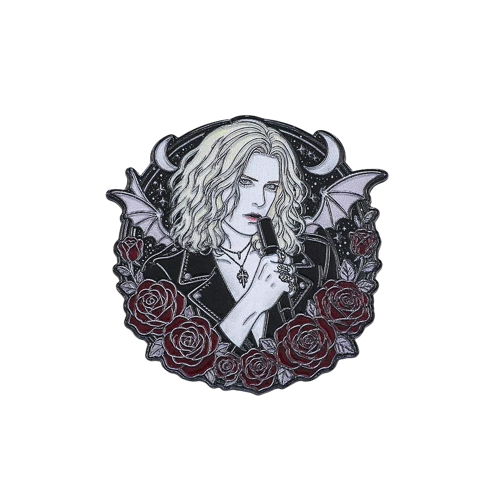 Gothic-Vampir-Charakter-Emaille-Abzeichen, Retro-Rote-Rose-Teufelsflügel, personalisierte Brosche, Dekoration