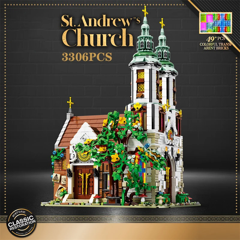 

3306PCS St. Andrew's Church Building Block Medieval European Church Model Bricks Set With Light Desktop Decoration Kids Toy Gift