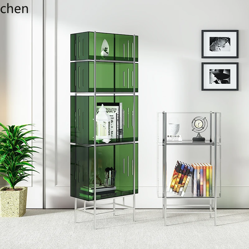 HXL Floor Storage Living Room Display Cabinet Stainless Steel Multi-layer Small Bookcase Display Rack Acrylic Shelf
